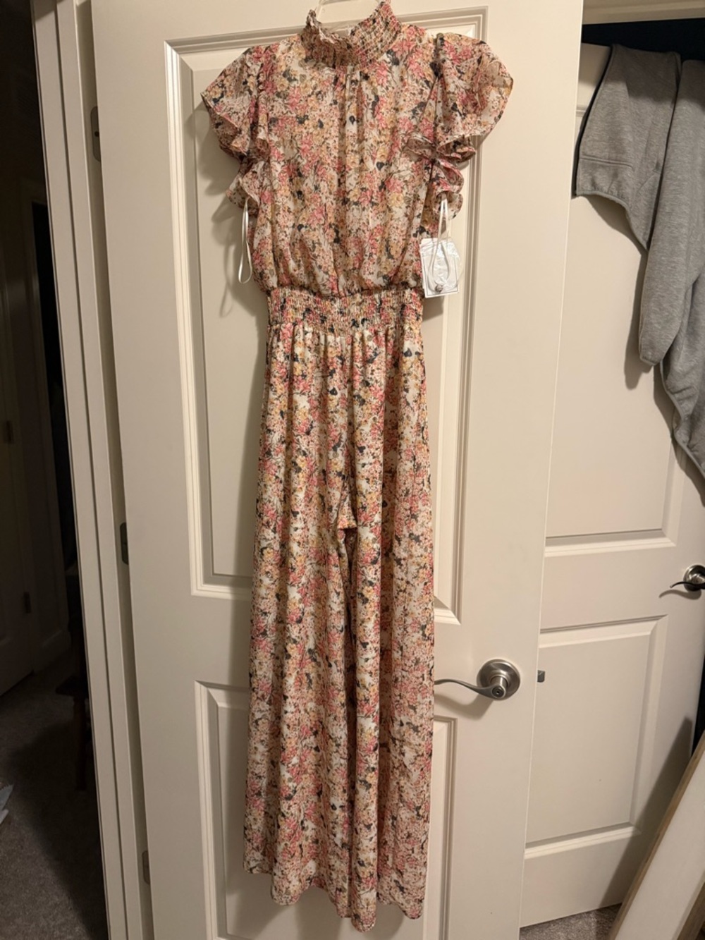 1. State Pink Cream Floral Smocked-Waist Jumpsuit